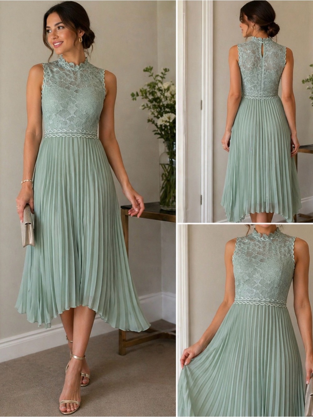 Reiss Mint Green Lace Pleated Dress US 8 Medium High Neck Elegant